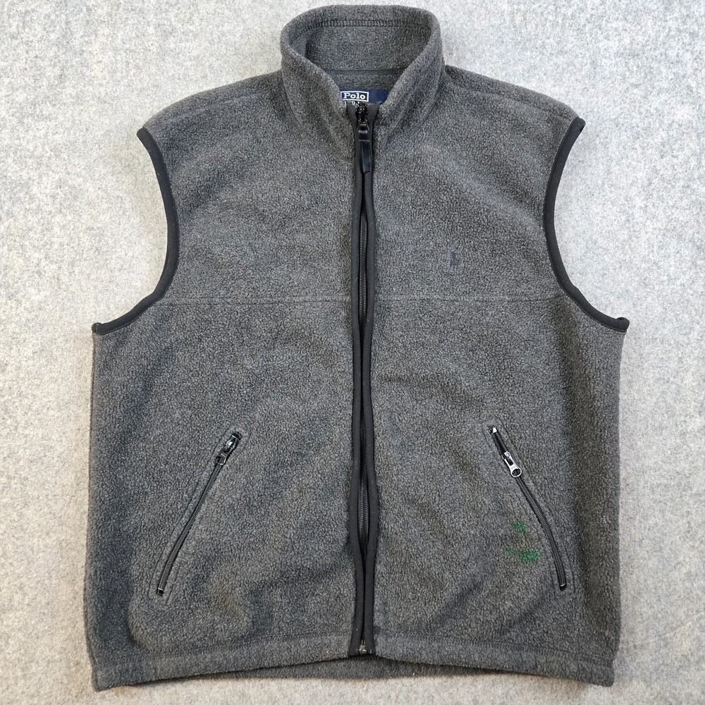 VTG Polo Ralph Lauren Vest Mens L Charcoal Fleece Full Zip Pockets Made in USA